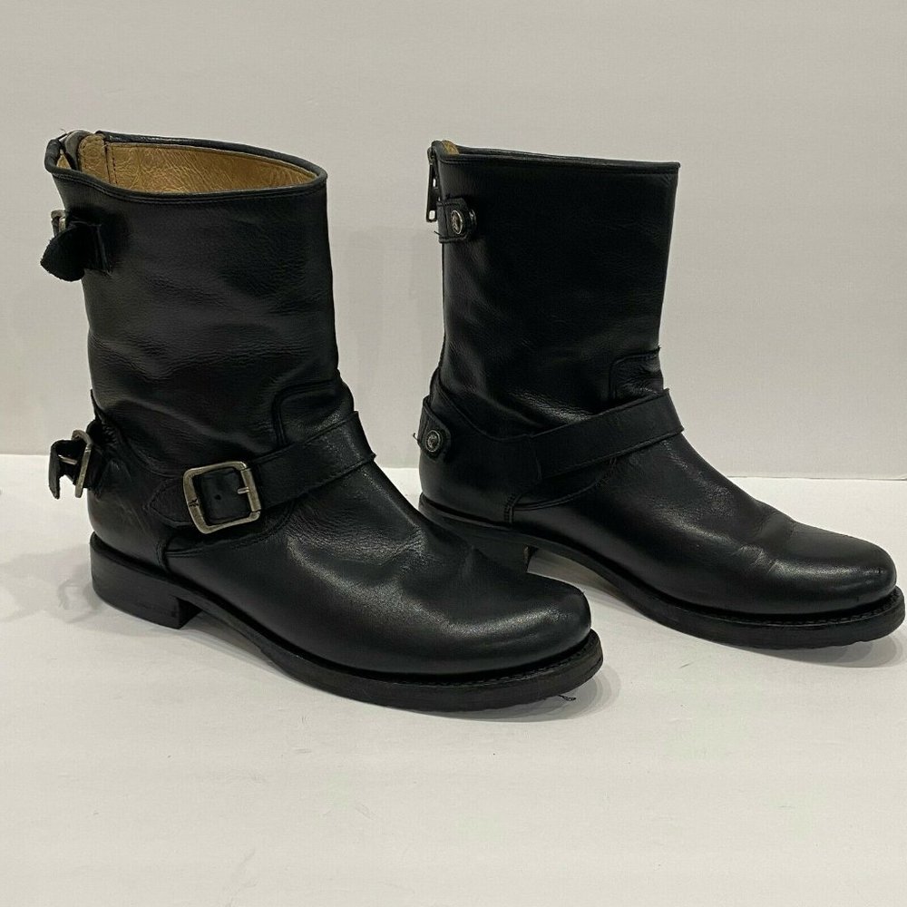 Frye Black Leather Moto Combat Boots with Buckle Strap - Picture 7 of 9